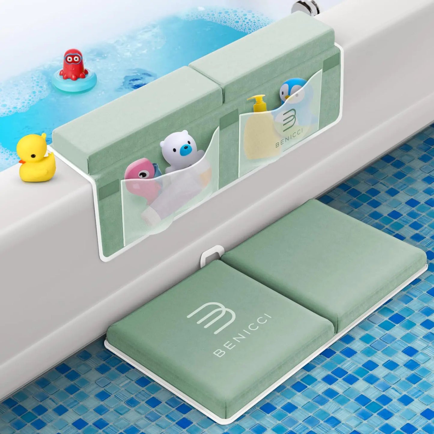 Comfortable Bath Kneeler and Elbow Kneeling Rest Pad for Baby Bathing Parents - Painless Foam Mat with Toy Organizer Pockets - Quick Drying, Foldable